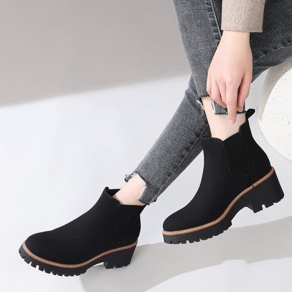 Womens Black Suede Leather Low Wedge Heel Slip On Chunky Platform Ankle Boots - Picture 6 of 6